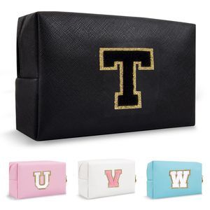 Personalized Small Travel Preppy Makeup Bag, Chenille Letter Black Cute Make🤚